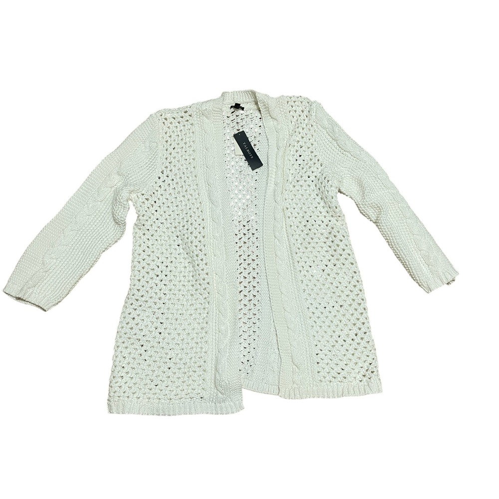 Talbots Lg White Mercerized Cotton Pointelle Cable Knit Open Front Cardigan NWT